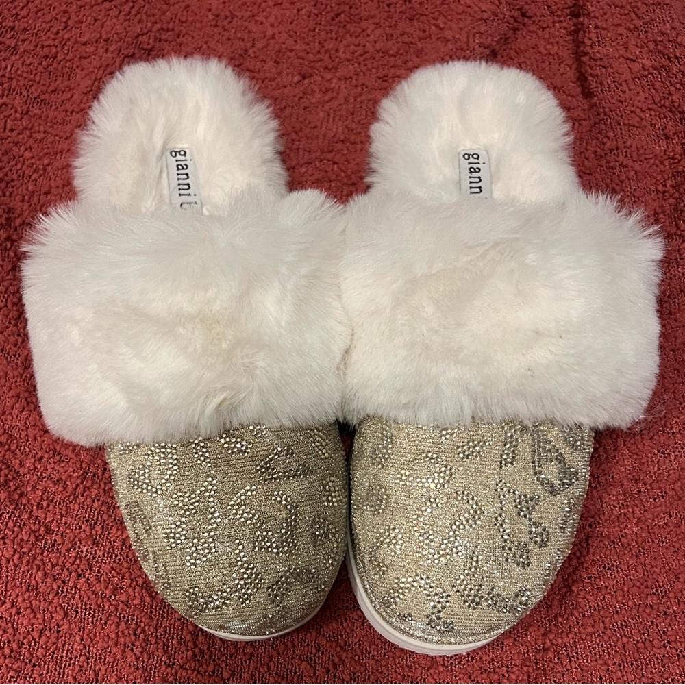 Gianni Bini Cream Faux Fur & Gold Sparkle Slip-On Slippers
